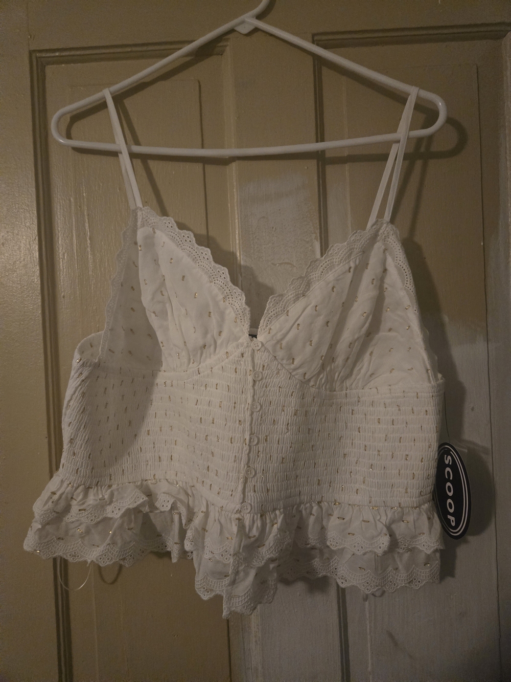 Scoop White Eyelet Smocked Ruffle Cami Top